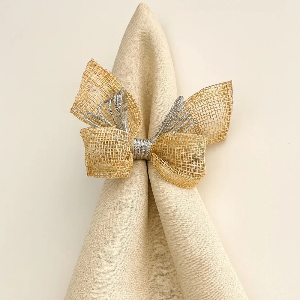 Rustic Burlap & Silver Wire Bow Napkin Rings  Set of 6‎ Farmhouse Shabby Chic